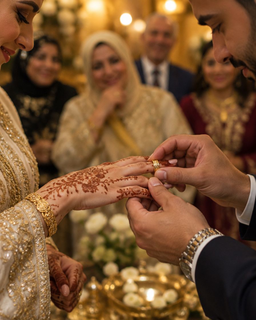 A groom slipping a ring onto the bride’s henna-patterned hand as their families look on, smiling